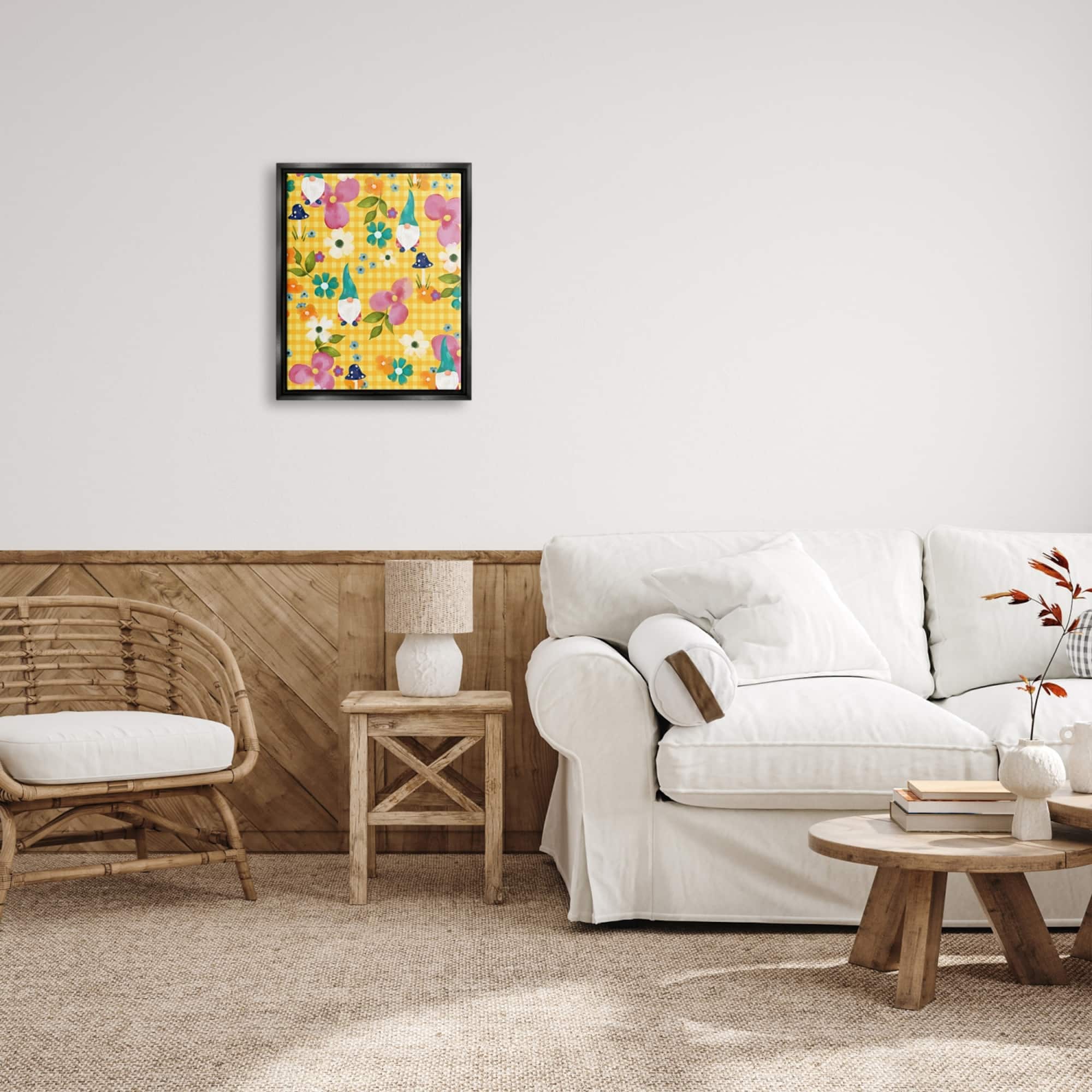 Stupell Industries Yellow Tartan Patterned Spring Gnomes Mushrooms Floater Framed Art